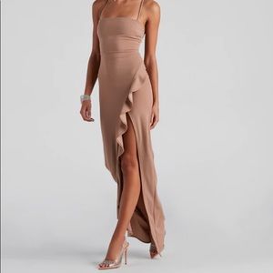 Formal High Slit Dress in Taupe color